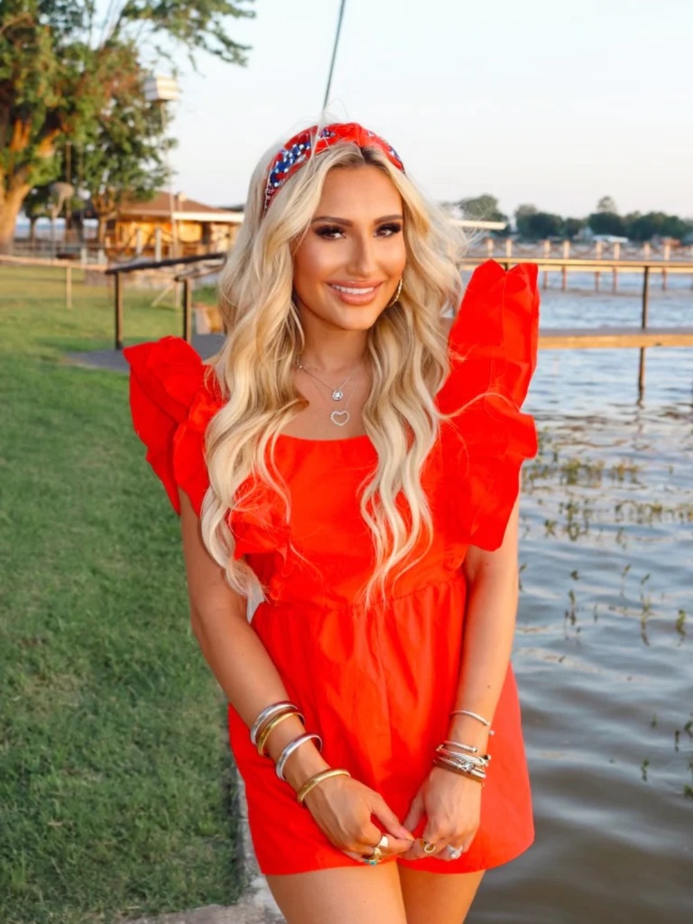 Bright Red Ruffle-Sleeve Romper - Picture 2 of 6